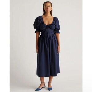 Quince 100% Organic Cotton PuffSleeve Midi Dress Navy Blue Medium New